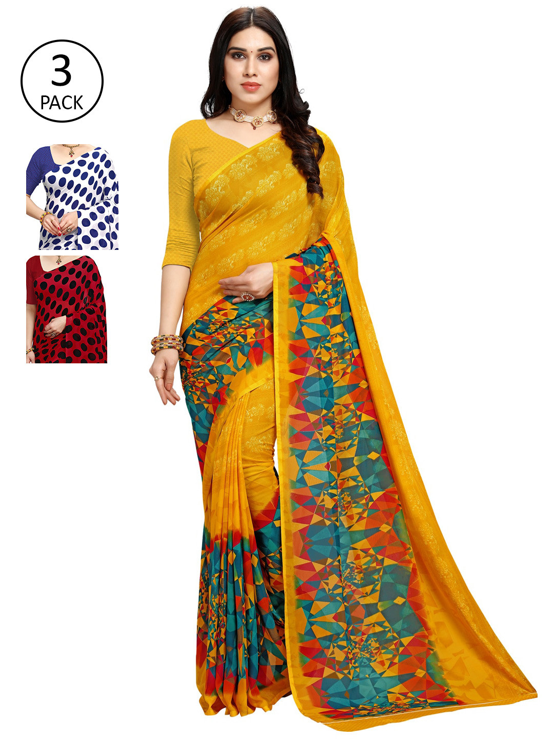 

KALINI Pack of 3 Printed Sarees, Red