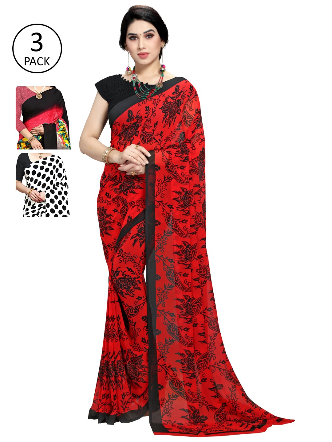 

KALINI Women Pack of 3 Printed Sarees, White