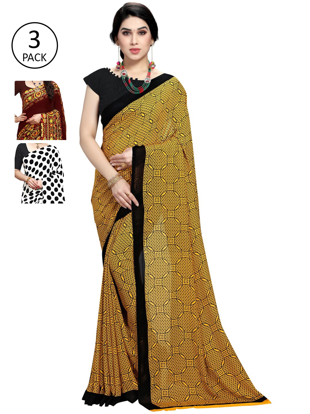 

KALINI Women Pack Of 3 Printed Saree, Black