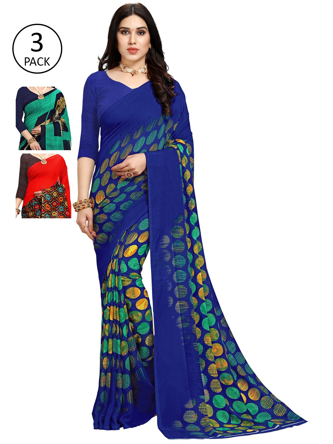 

KALINI Red & Green Pack of 3 Printed Sarees