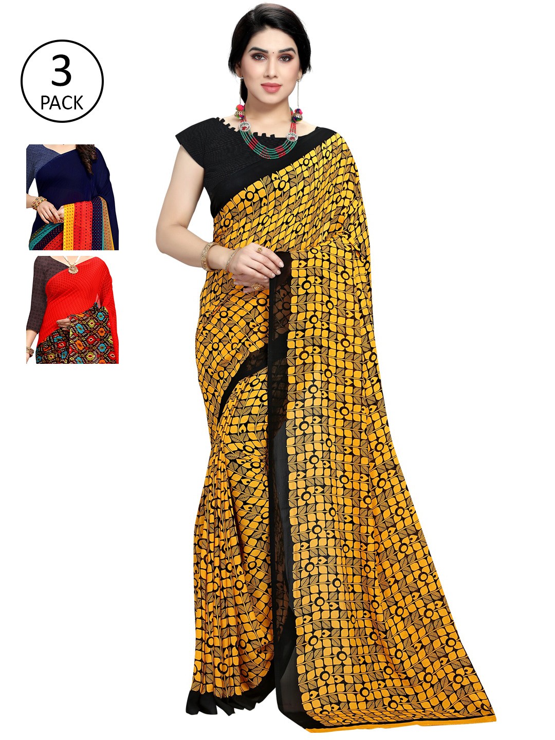 

KALINI Pack of 3 Poly Georgette Sarees, Red