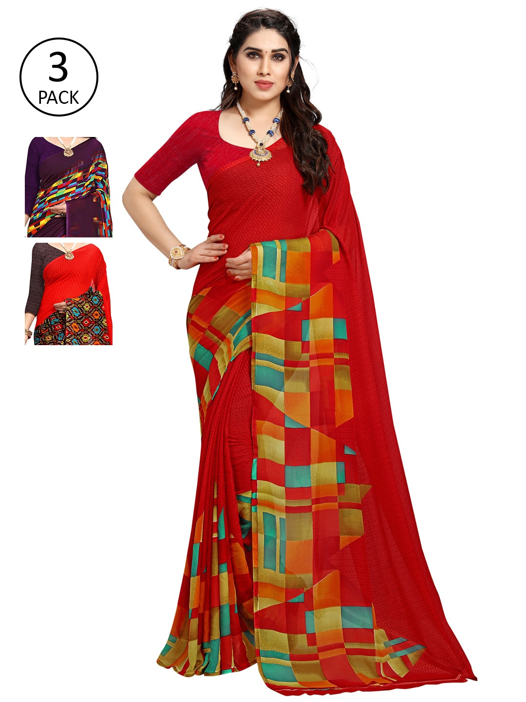 

KALINI Pack Of 3 Red & Black Saree