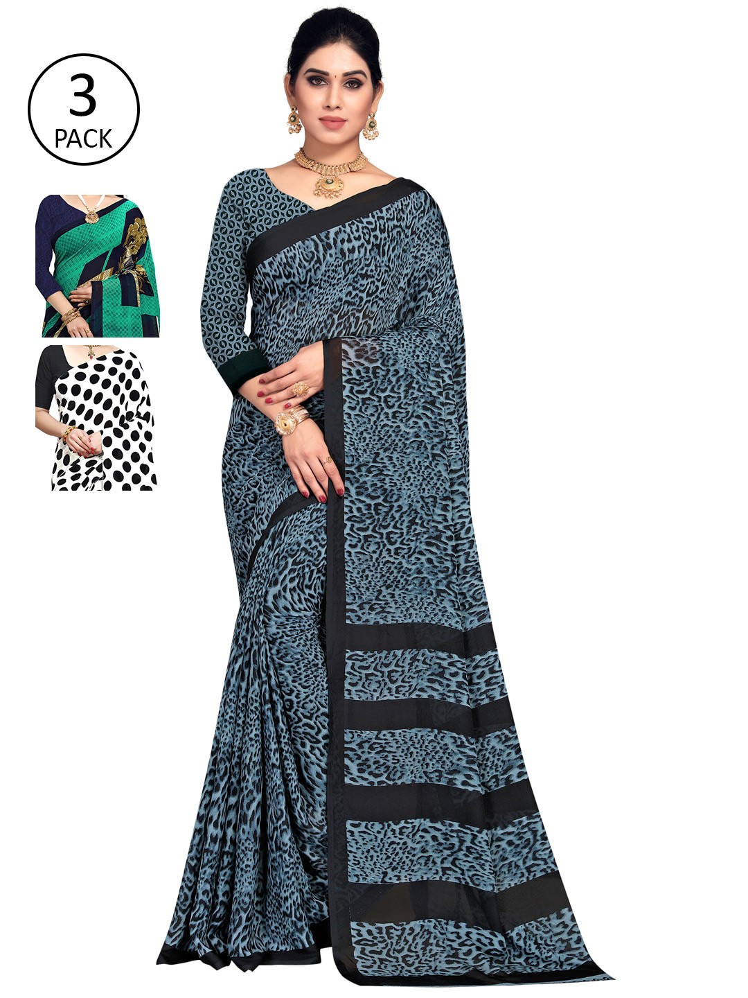 

KALINI Women Pack of 3 Printed Sarees, White