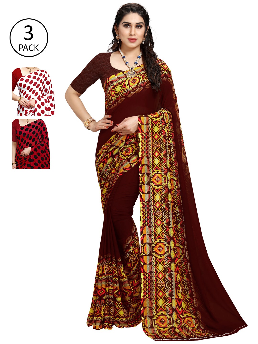 

KALINI Pack of 3 Printed Sarees, White