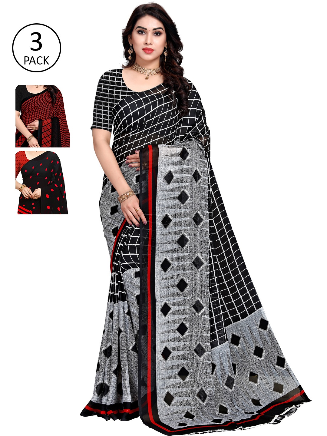 

ANAND SAREES Pack of 3 Printed Sarees, Black