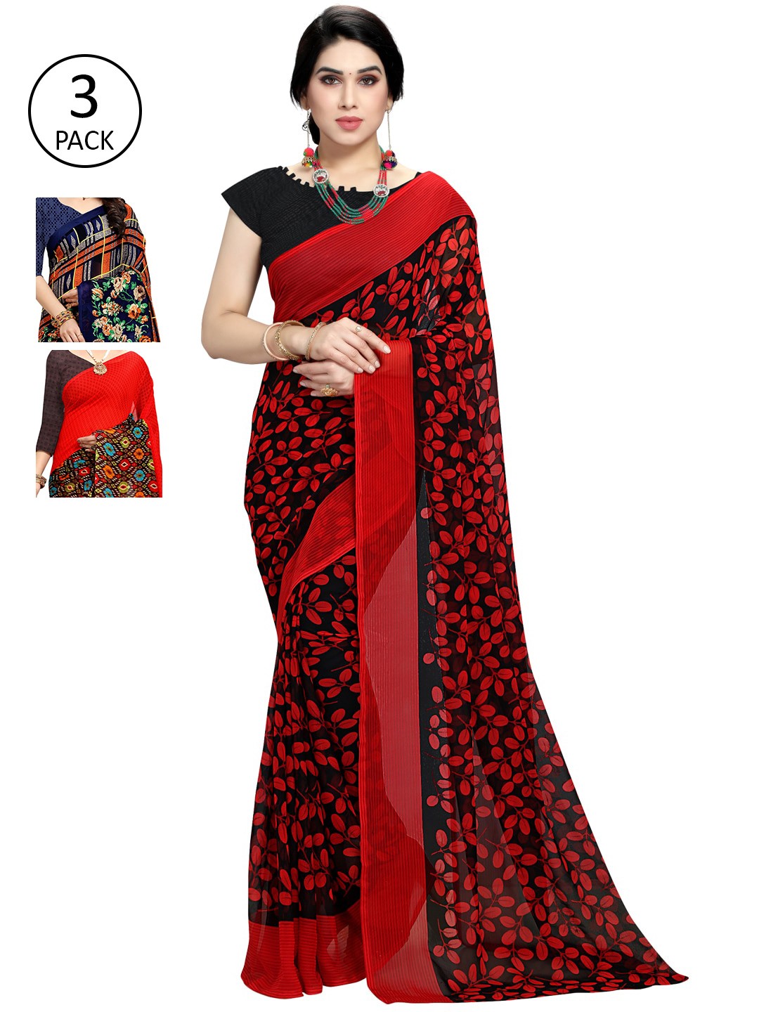 

KALINI Pack Of 3 Sarees, Red