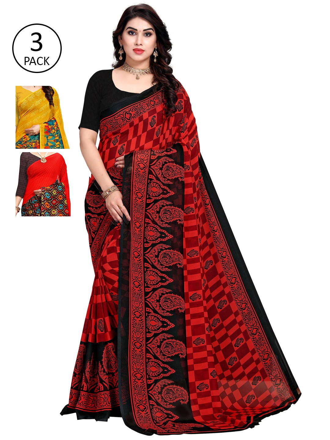 

KALINI Pack Of 3 Printed Poly Georgette Sarees, Yellow
