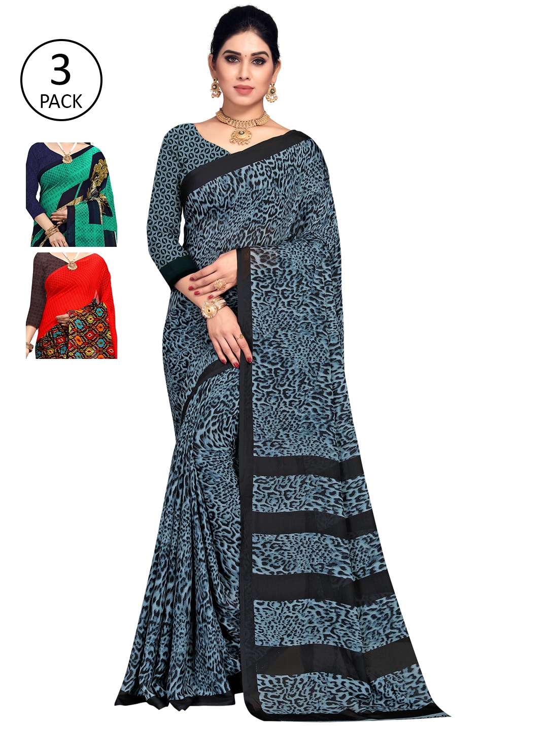 

KALINI Pack of 3 Poly Georgette Sarees, Green
