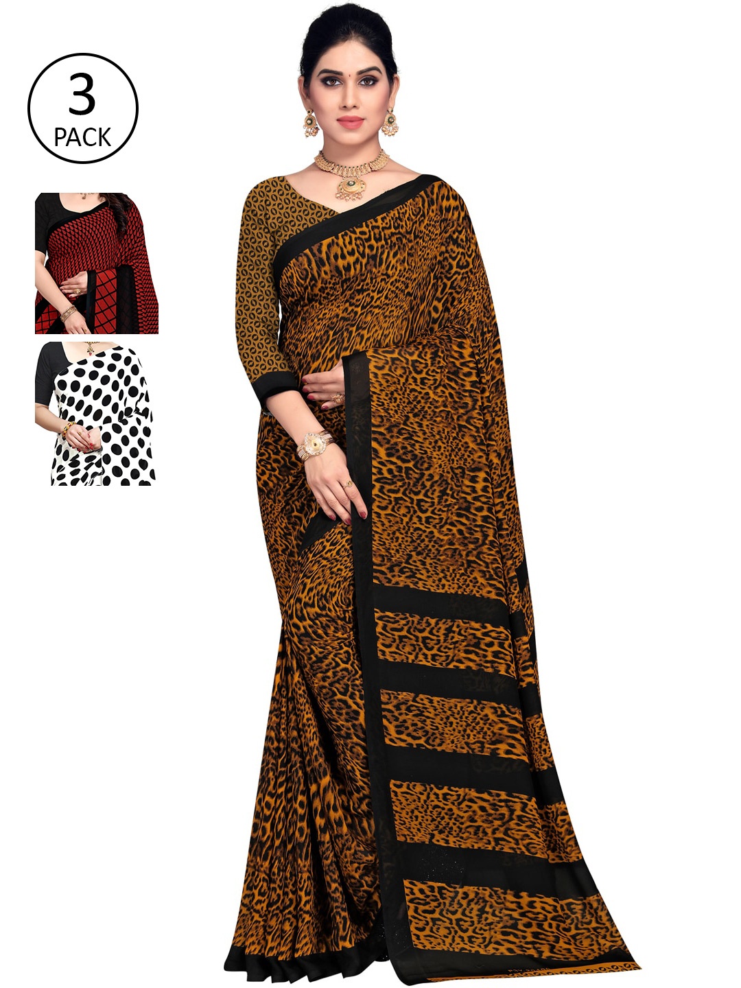 

ANAND SAREES Women Pack of 3 Multicolor Poly Georgette Printed Saree, Red