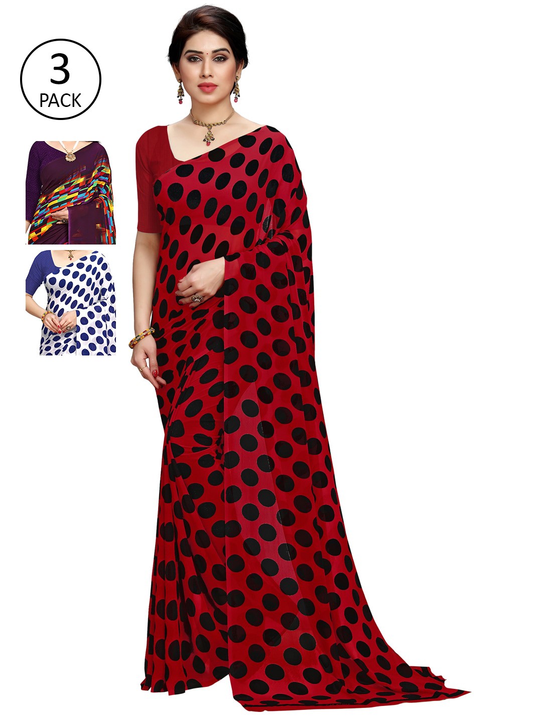 

KALINI Pack of 3 Printed Sarees, Red