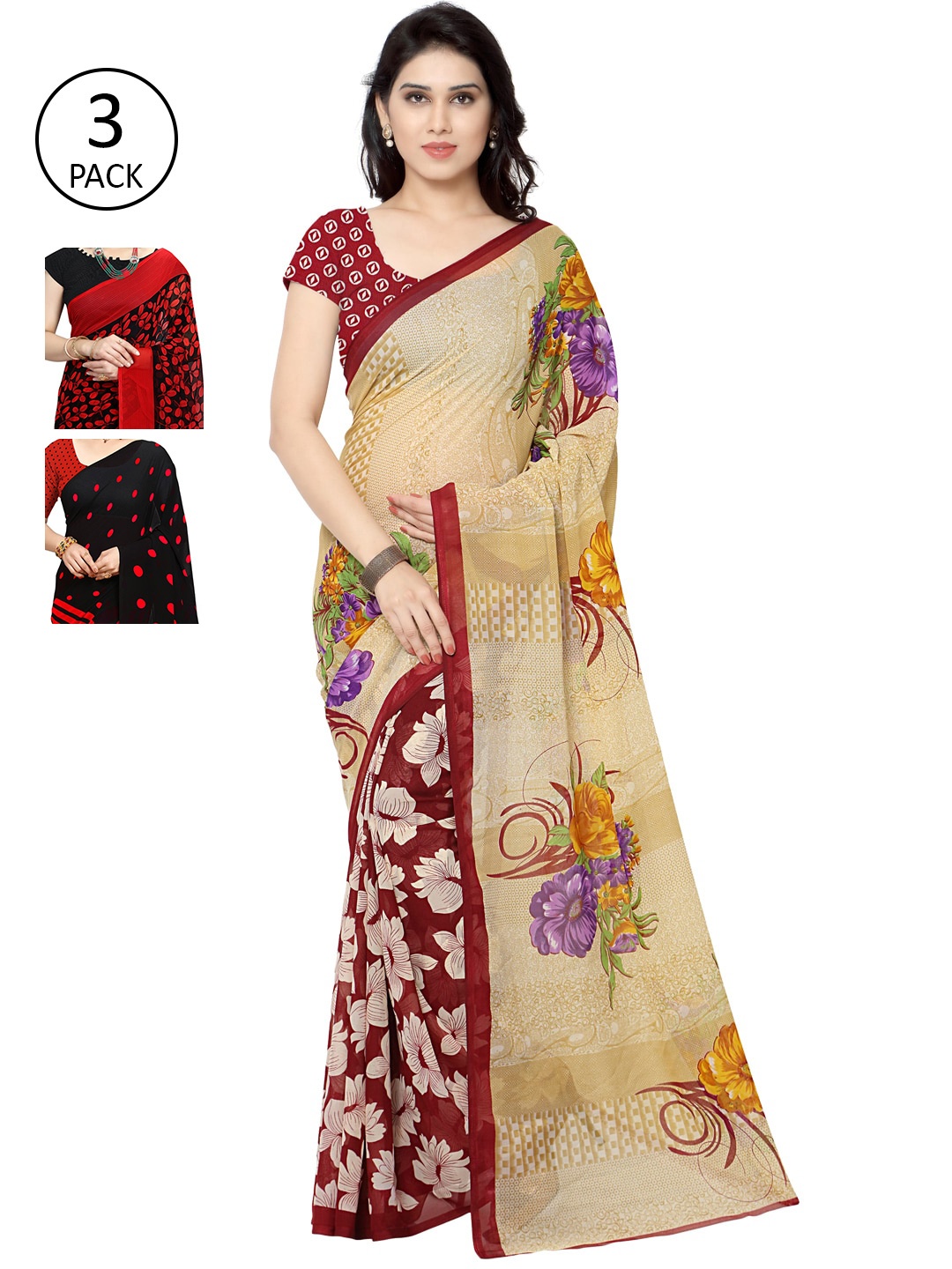 

KALINI Pack of 3 Printed Sarees, Red