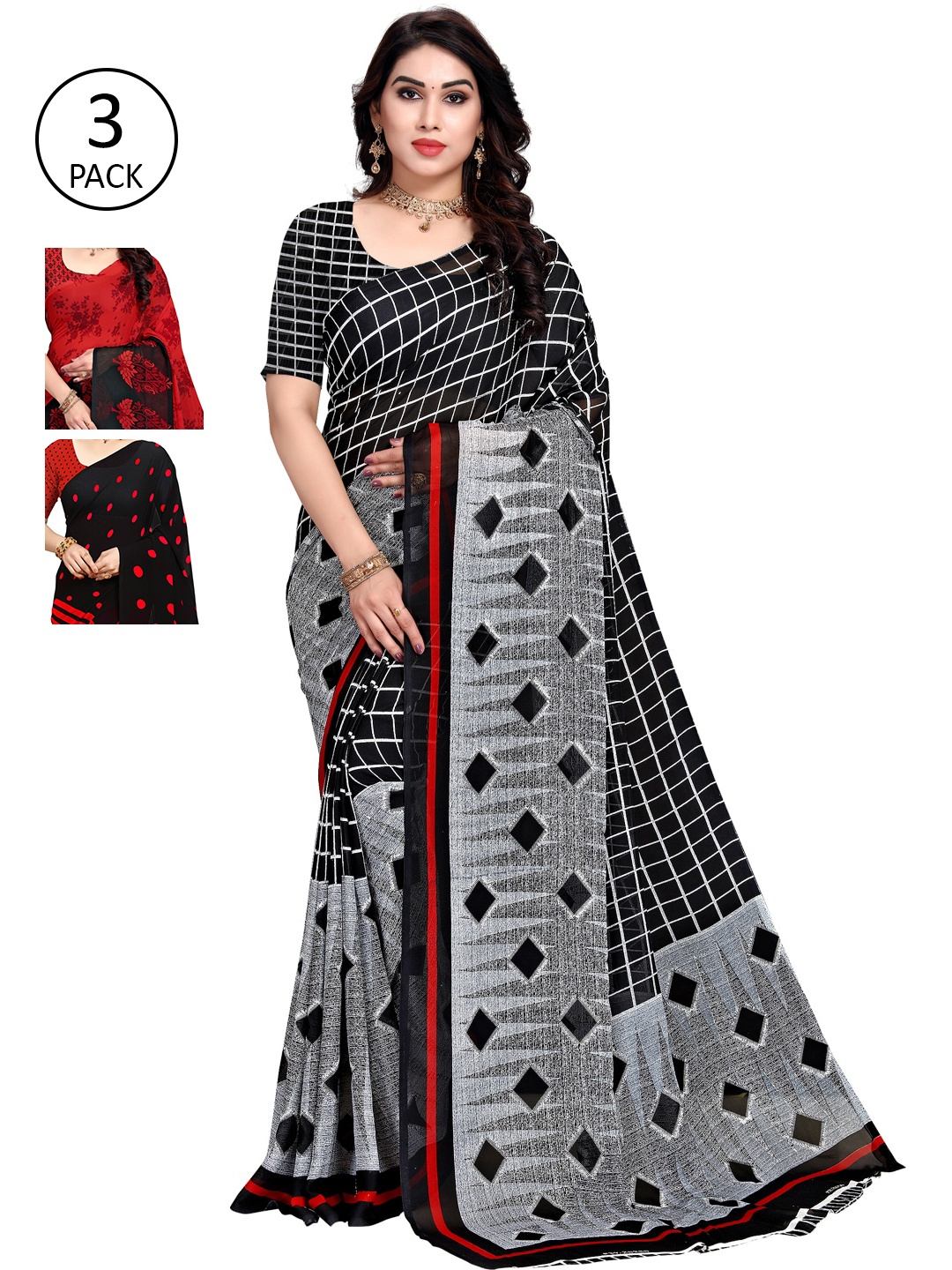 

KALINI Pack Of 3 Sarees, Black