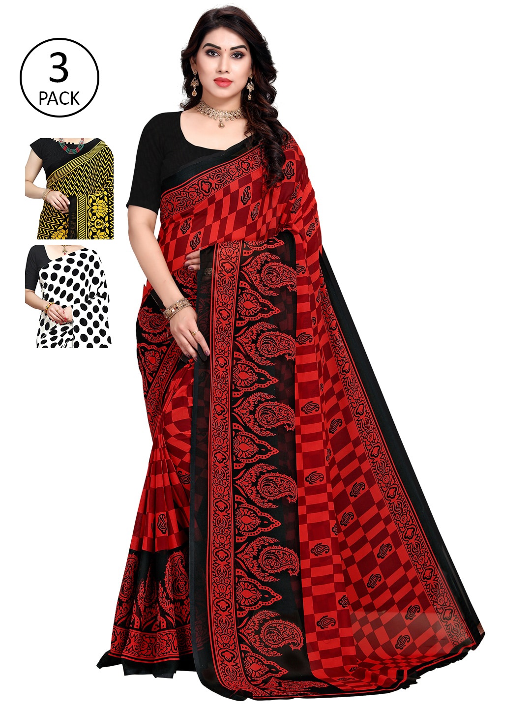 

KALINI Yellow & Red Pack of 3 Printed Sarees