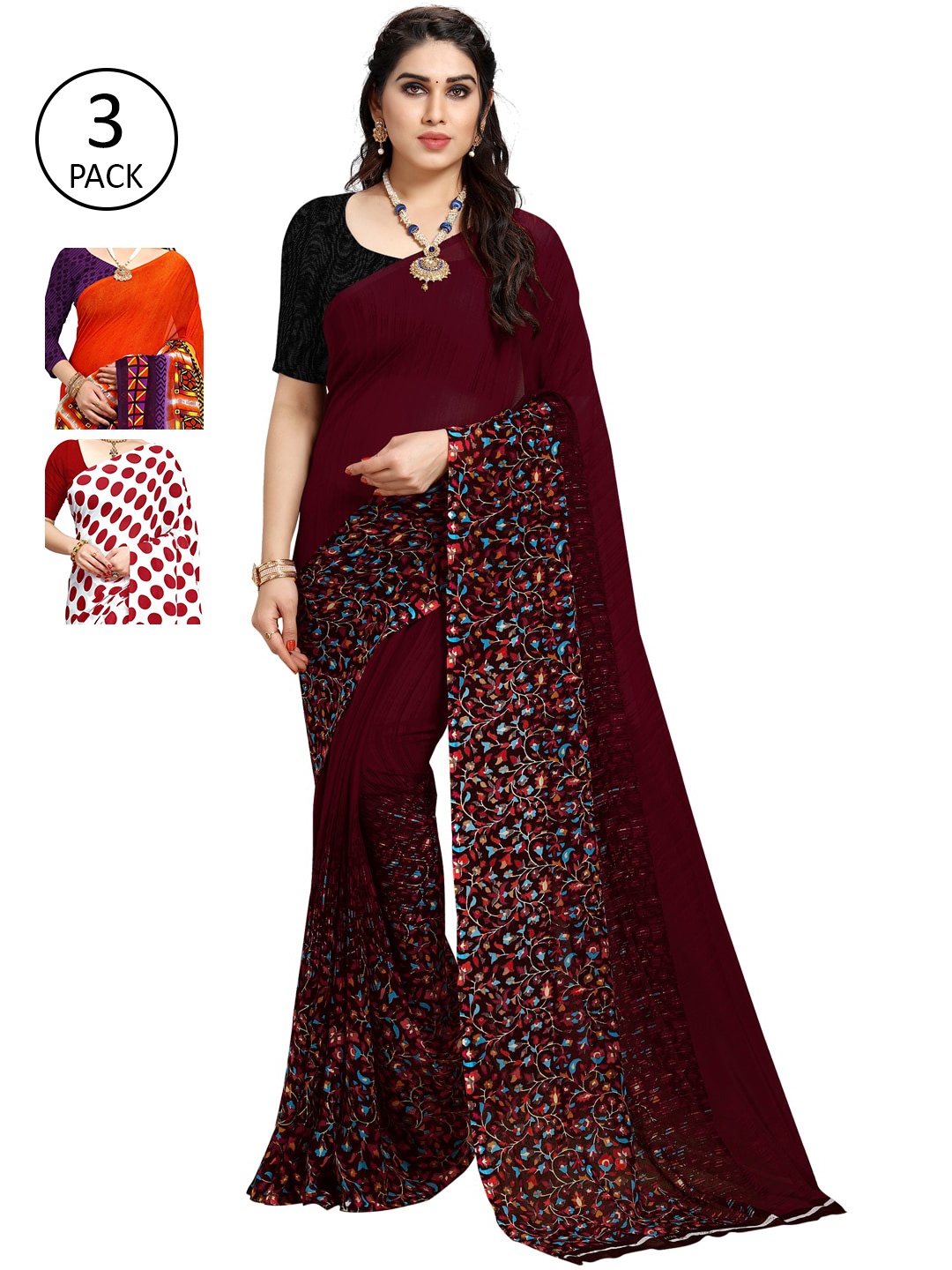 

KALINI Pack of 3 Poly Georgette Saree, White