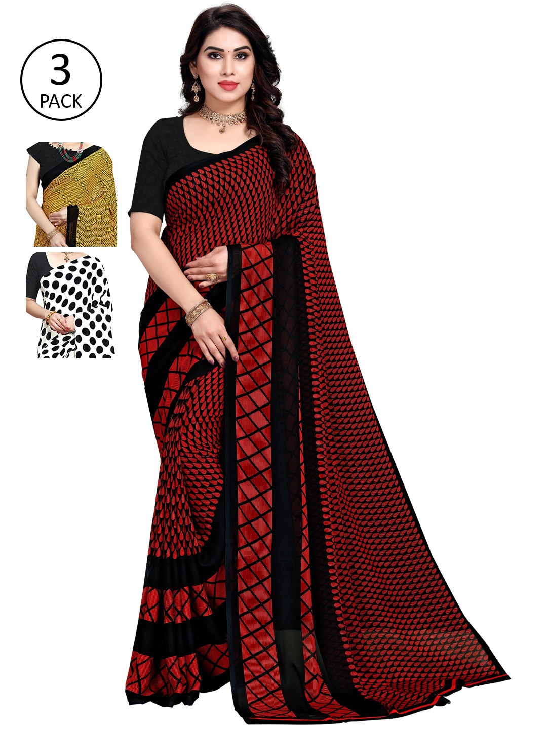 

KALINI Pack Of 3 Printed Poly Georgette Sarees, Yellow