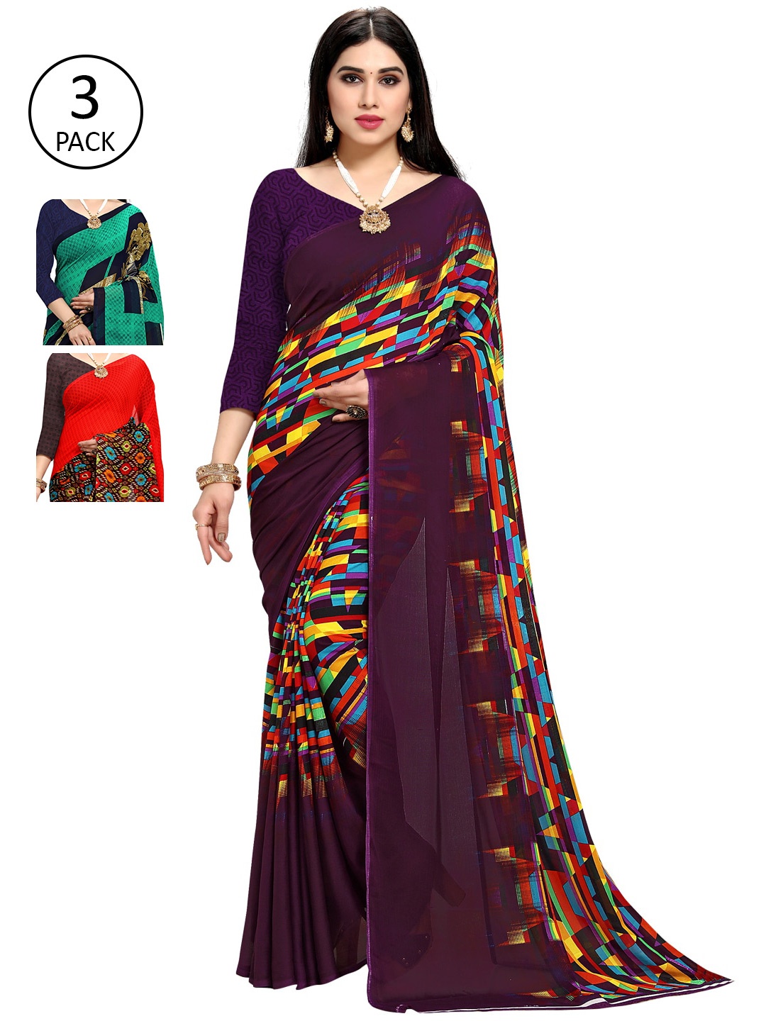 

KALINI Women Pack of 3 Multicolor Poly Georgette Printed Saree, Green