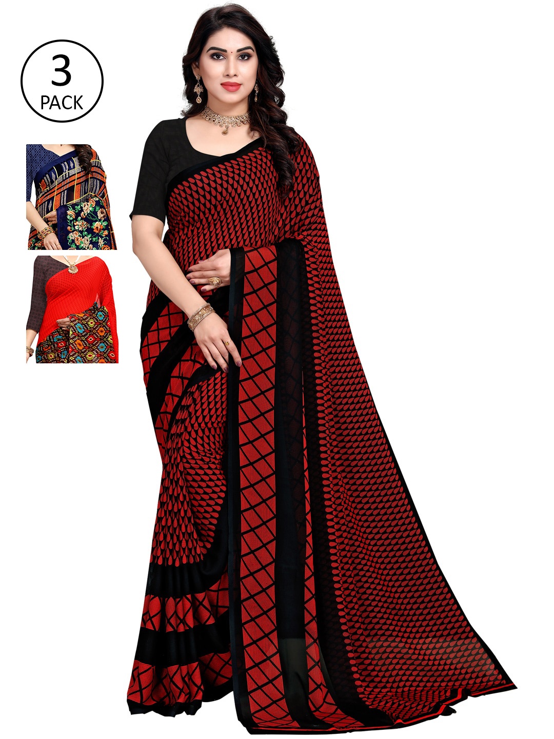 

KALINI Pack of 3 Poly Georgette Saree, Red