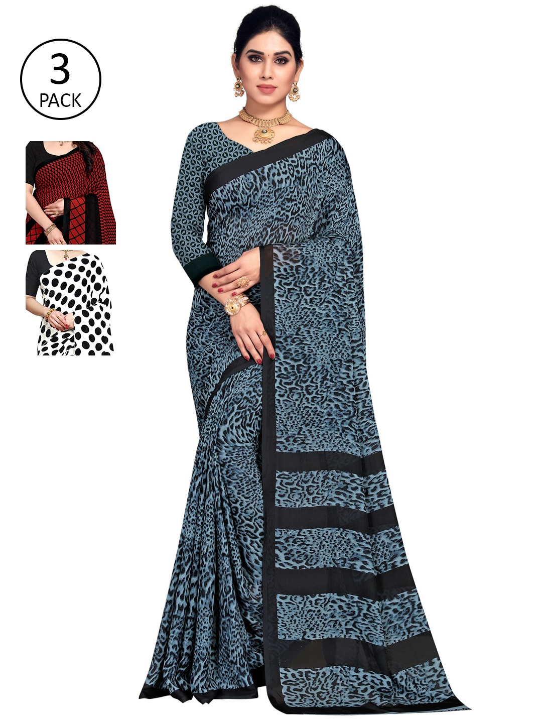 

ANAND SAREES Maroon & Blue Pack of 3 Printed Sarees
