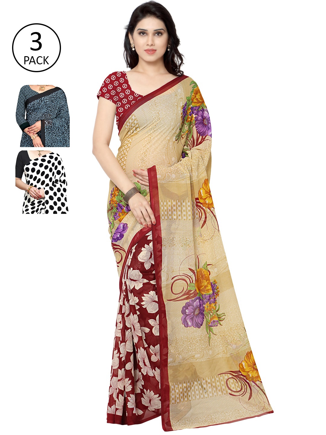 

KALINI Women Pack of 3 Multicolor Poly Georgette Printed Saree, Cream
