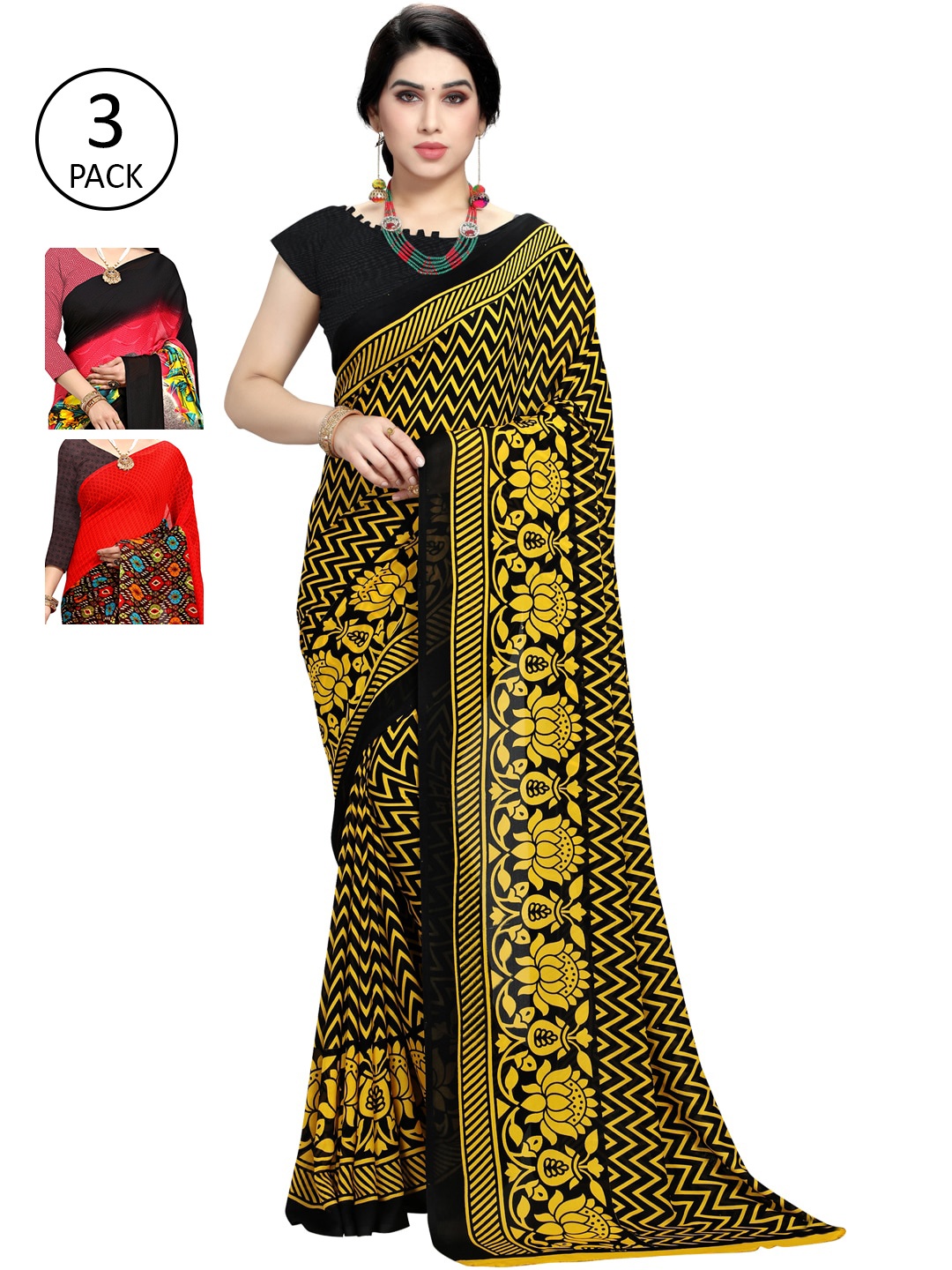 

KALINI Women Pack of 3 Poly Georgette Multi Printed Saree, Red