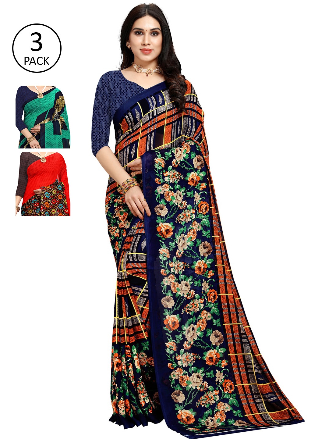 

KALINI Women Pack of 3 Multicolor Poly Georgette Printed Saree, Red