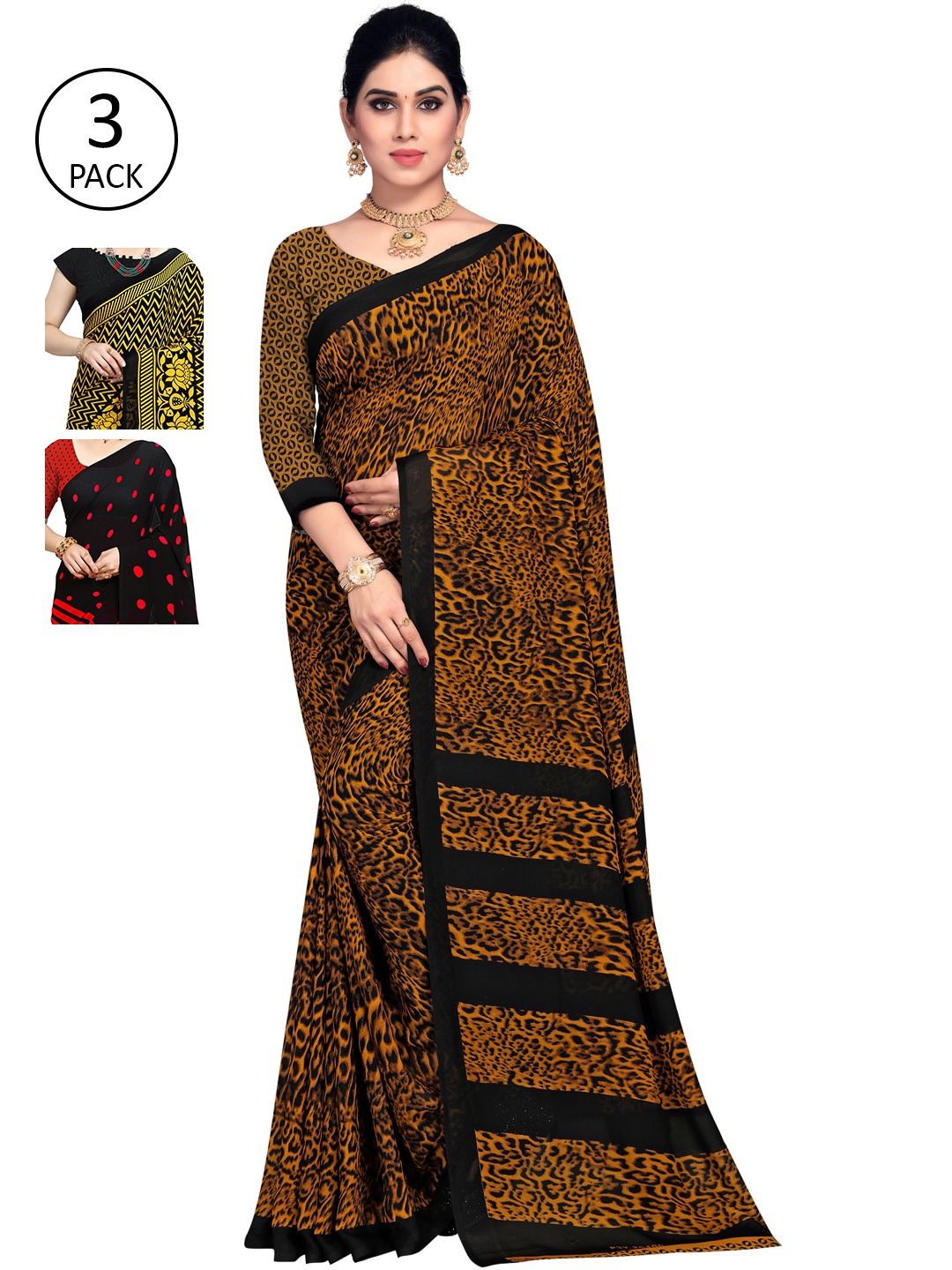 

ANAND SAREES Pack of 3 Printed Sarees, Red