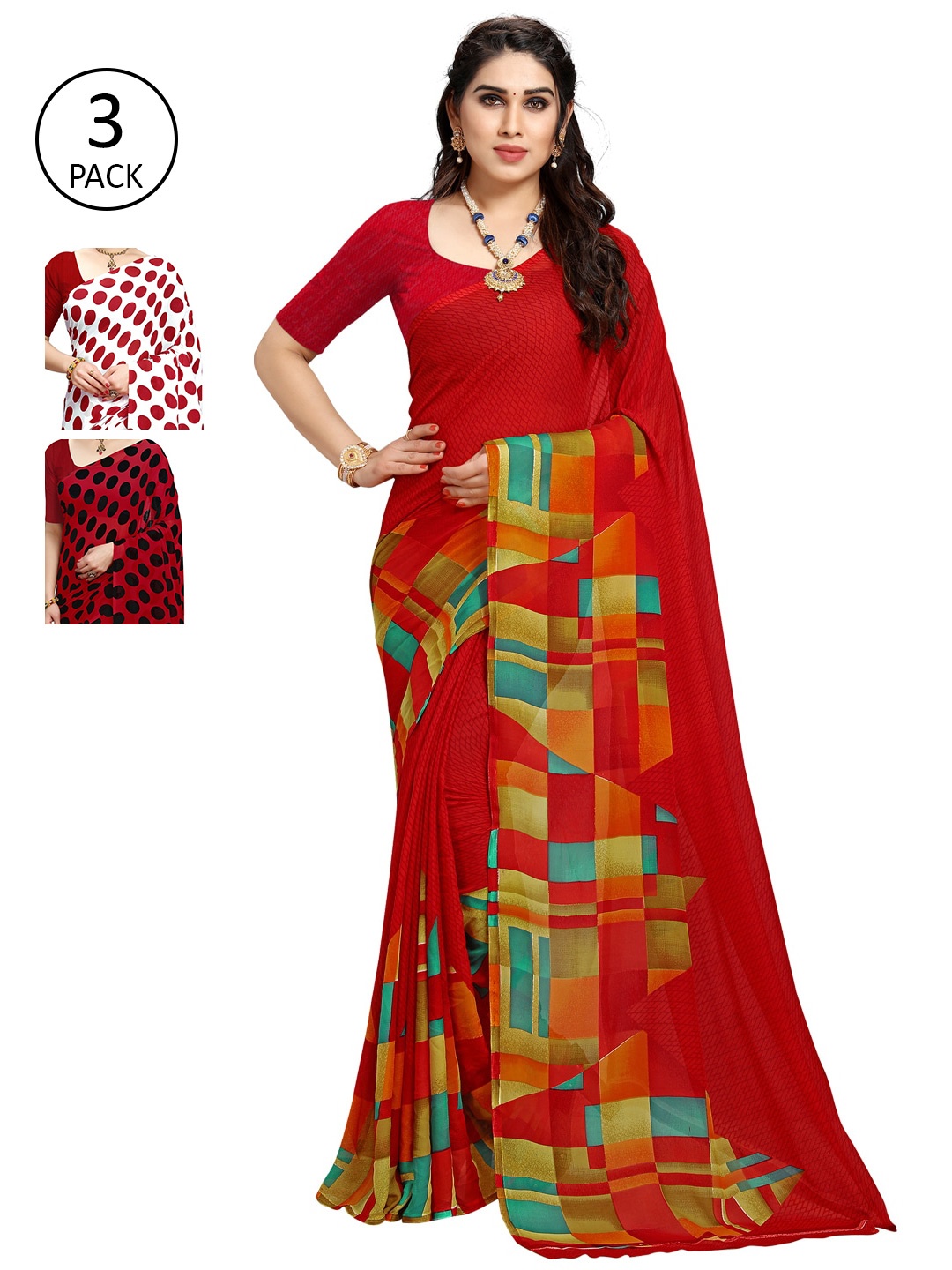

ANAND SAREES Pack Of 3 Red & White Saree