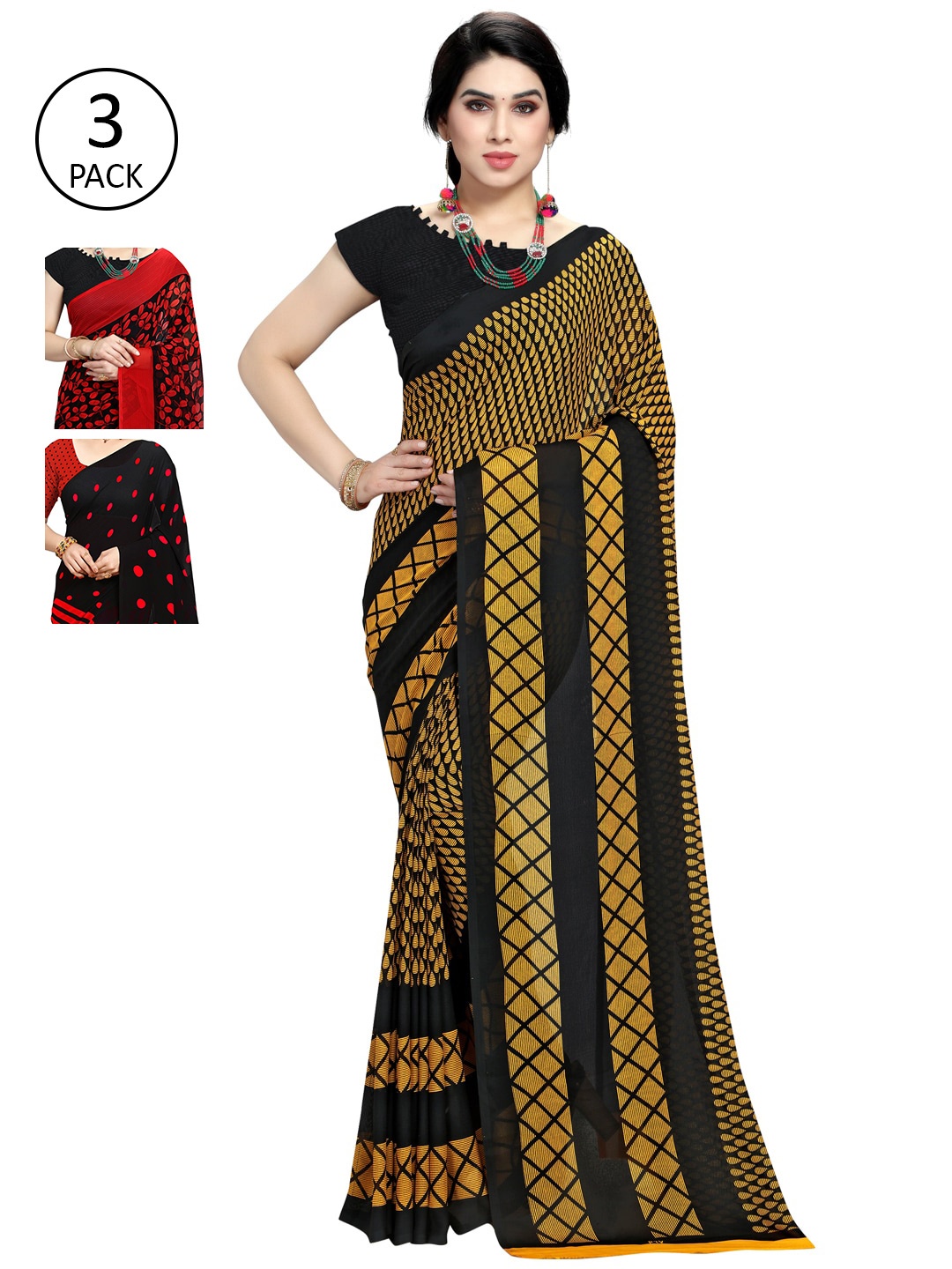 

KALINI Women Pack Of 3 Printed Sarees, Black