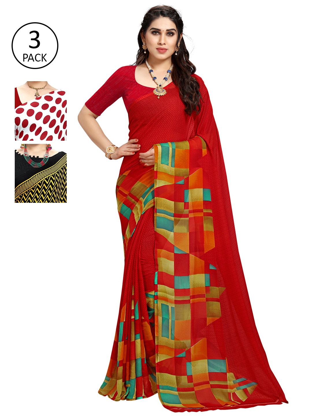 

KALINI Pack Of 3 Printed Saree, Red
