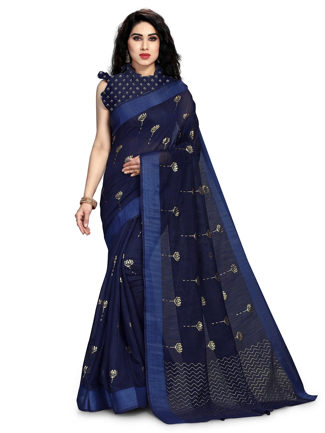 

KALINI Navy Blue & Golden Warli Zari Polycotton Saree