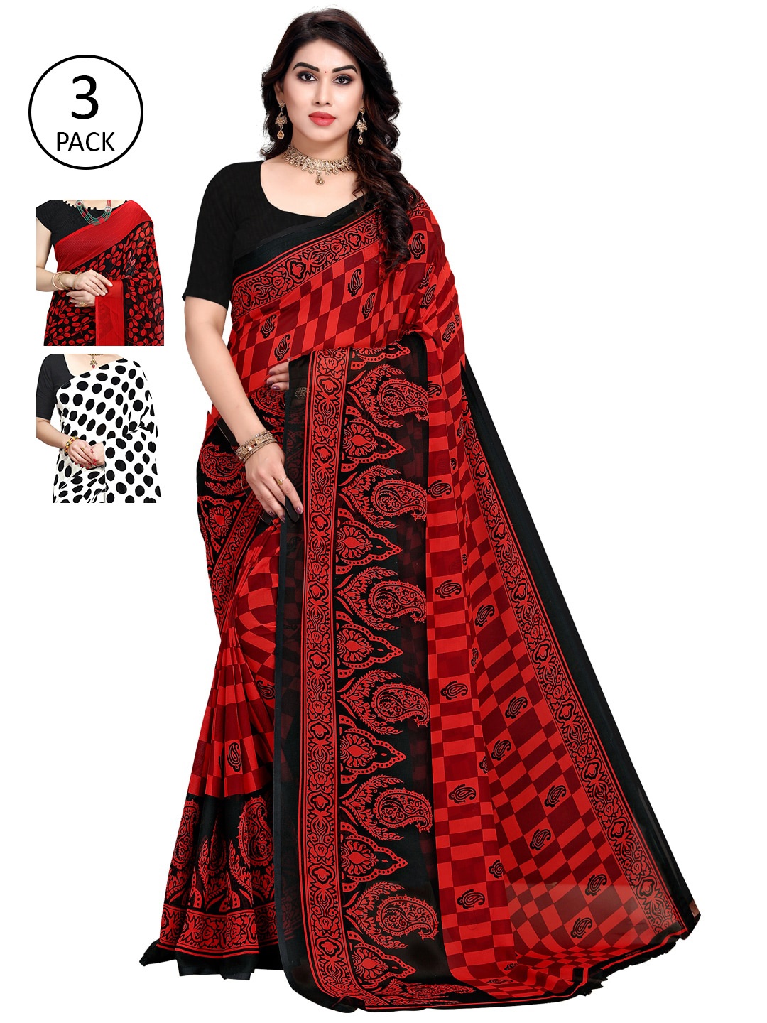 KALINI White & Red Pack of 3 Printed Sarees