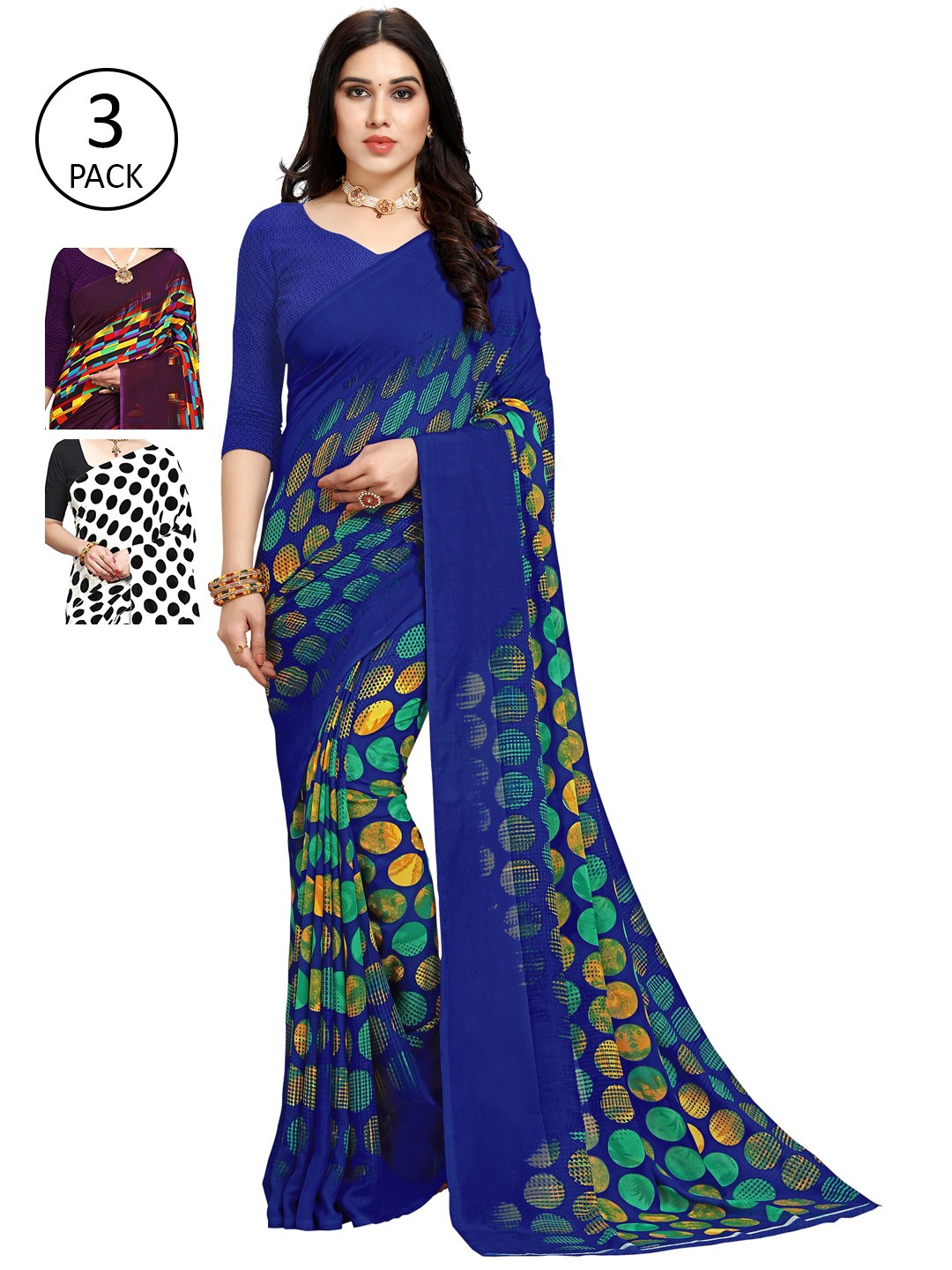 

KALINI Pack of 3 Printed Saree, Blue