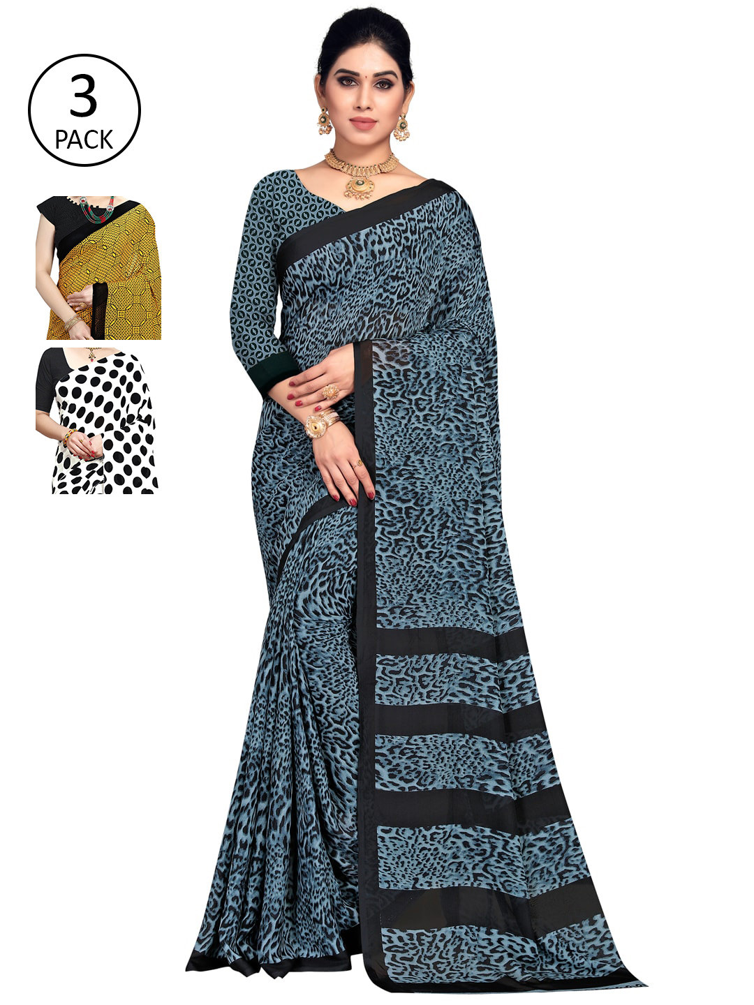 

KALINI Pack of 3 Poly Georgette Sarees, White