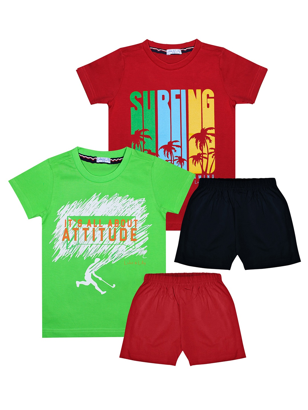 

Luke & Lilly Boys Pack of 2 Green & Red Printed Cotton T-shirt with Shorts