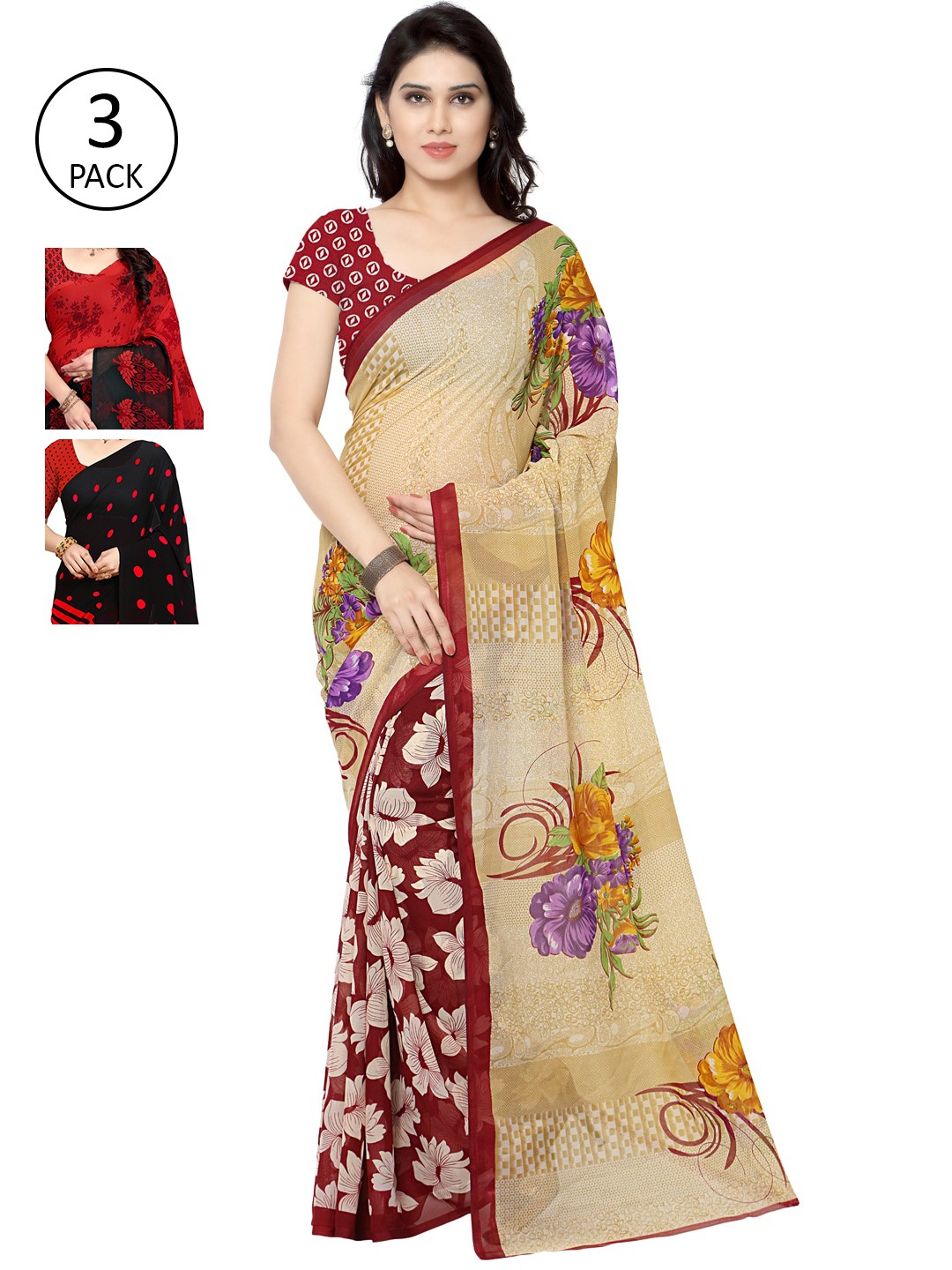 

KALINI Pack of 3 Printed Sarees, Red