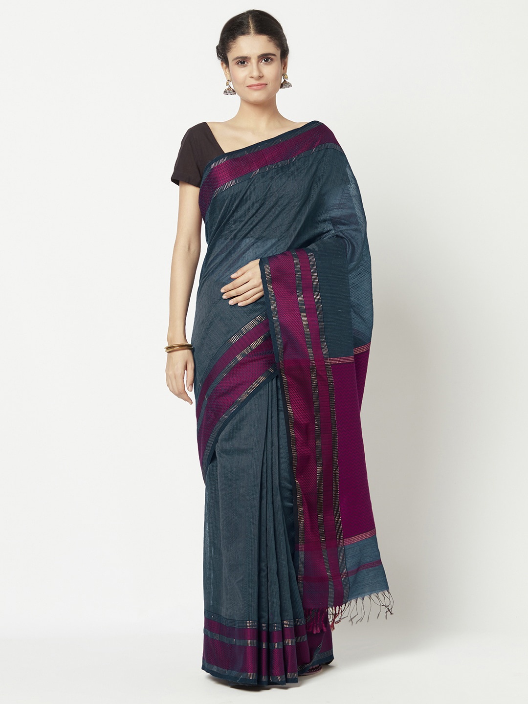 

Fabindia Blue & Purple Silk Cotton Maheshwari Saree