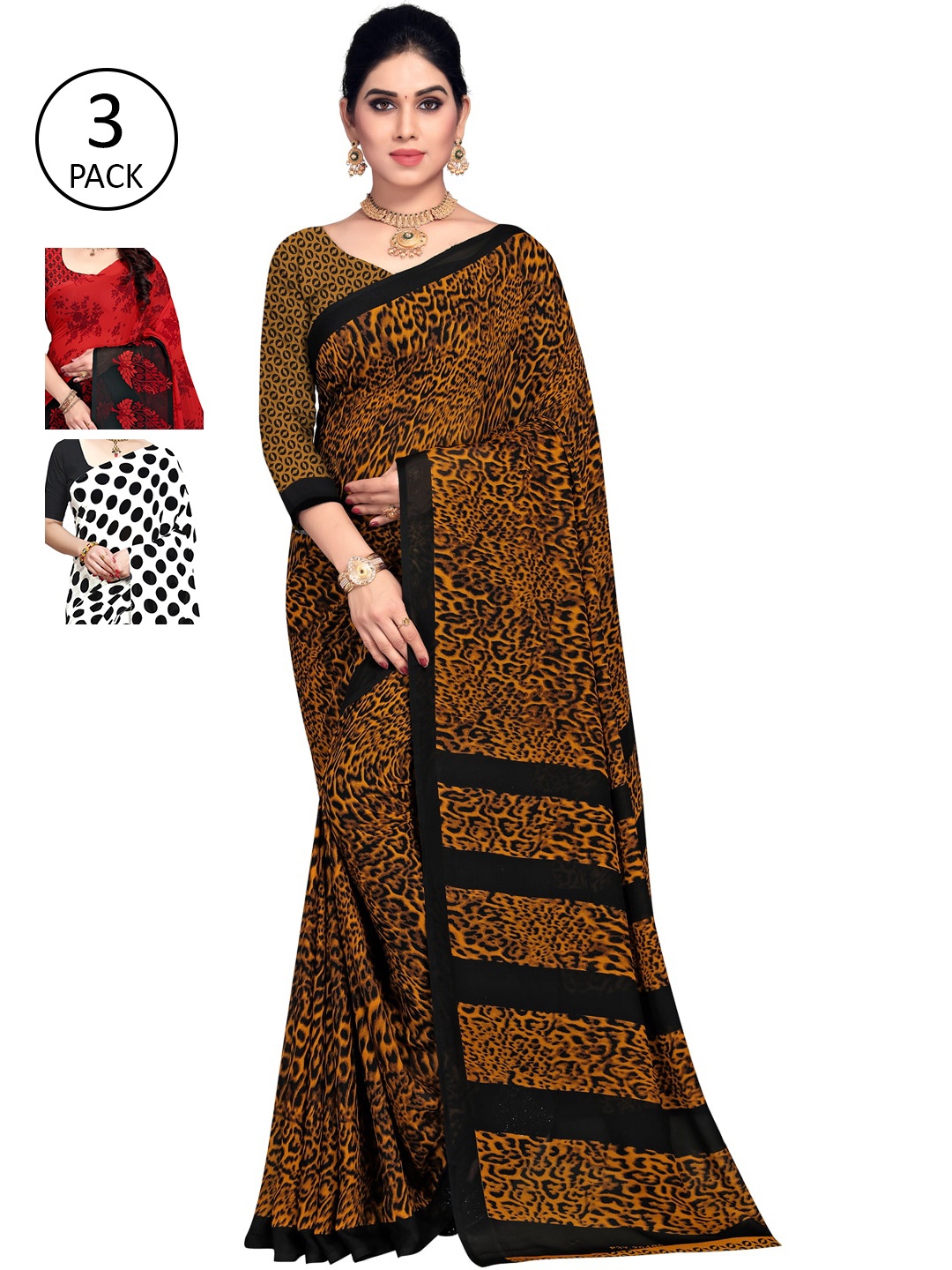 

KALINI White & Red Pack of 3 Printed Sarees