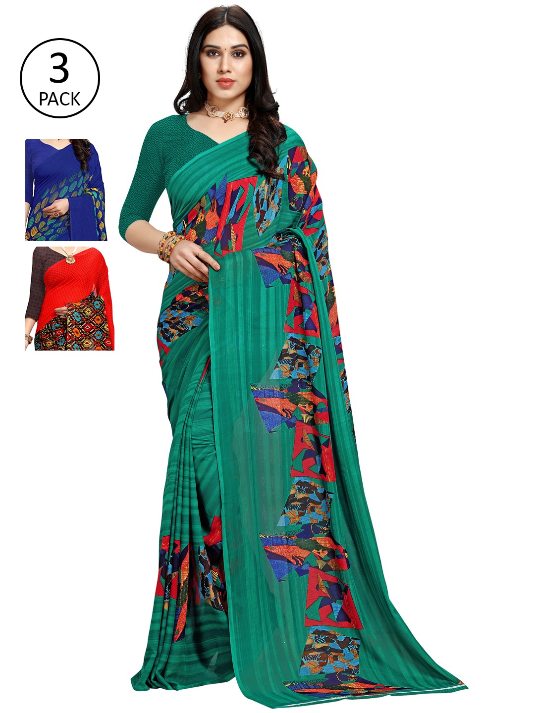 

KALINI Pack Of 3 Multicoloured Poly Georgette Sarees, Multi