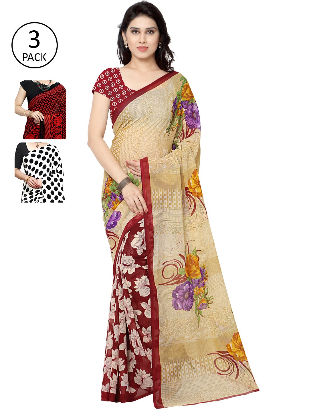 

KALINI Pack Of 3 Sarees, Beige