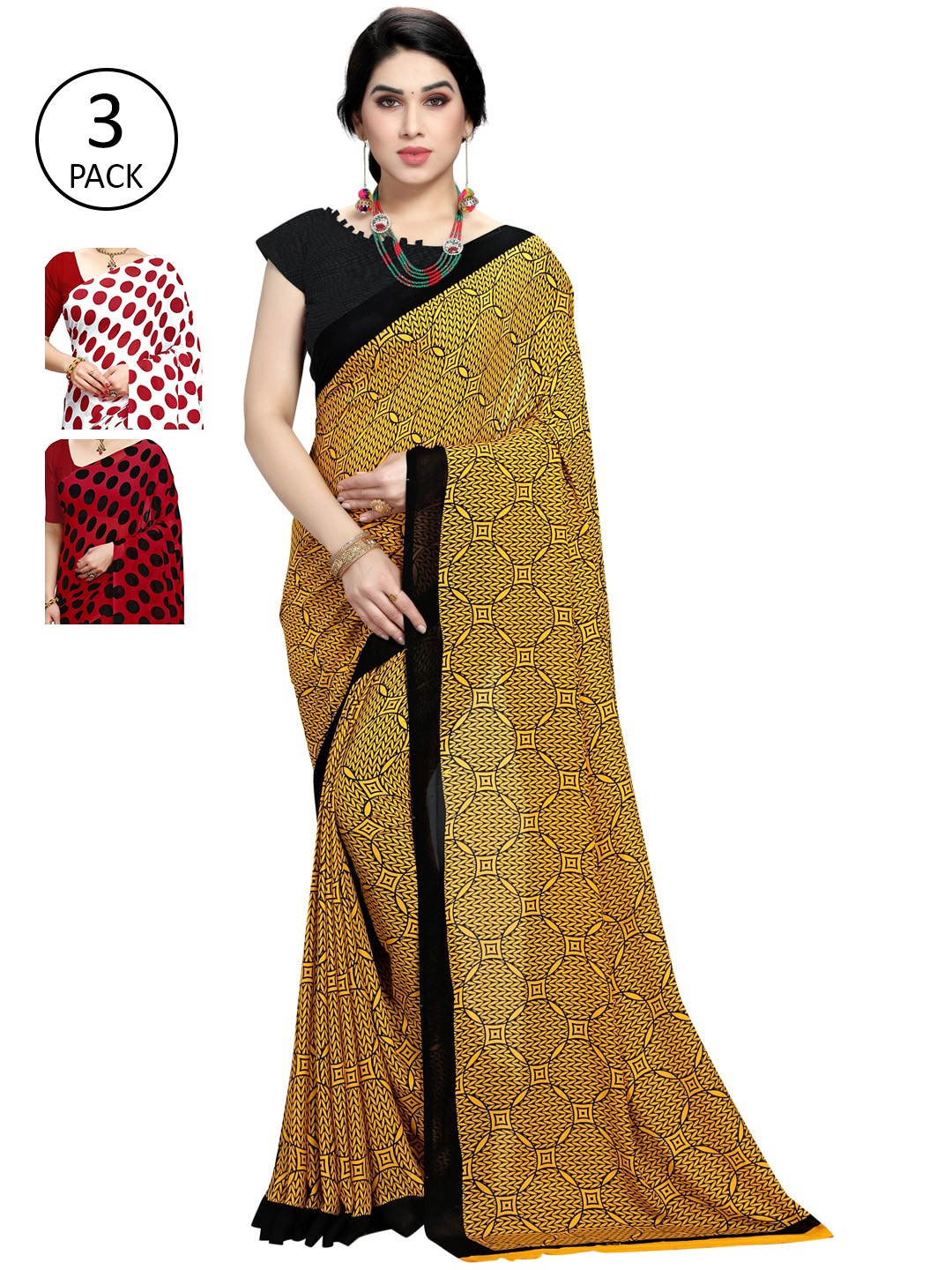 

KALINI Pack of 3 Printed Saree, Red