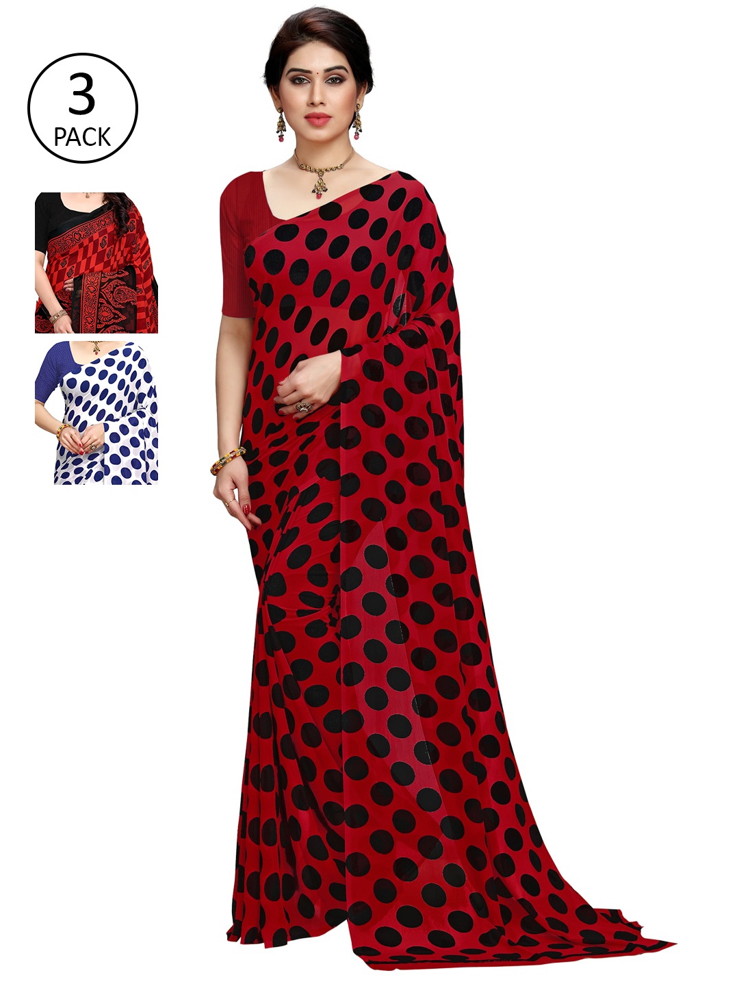 

KALINI Multicolor Georgette Printed Daily Wear Saree With Unstitched Blouse(Pack of 3), Red