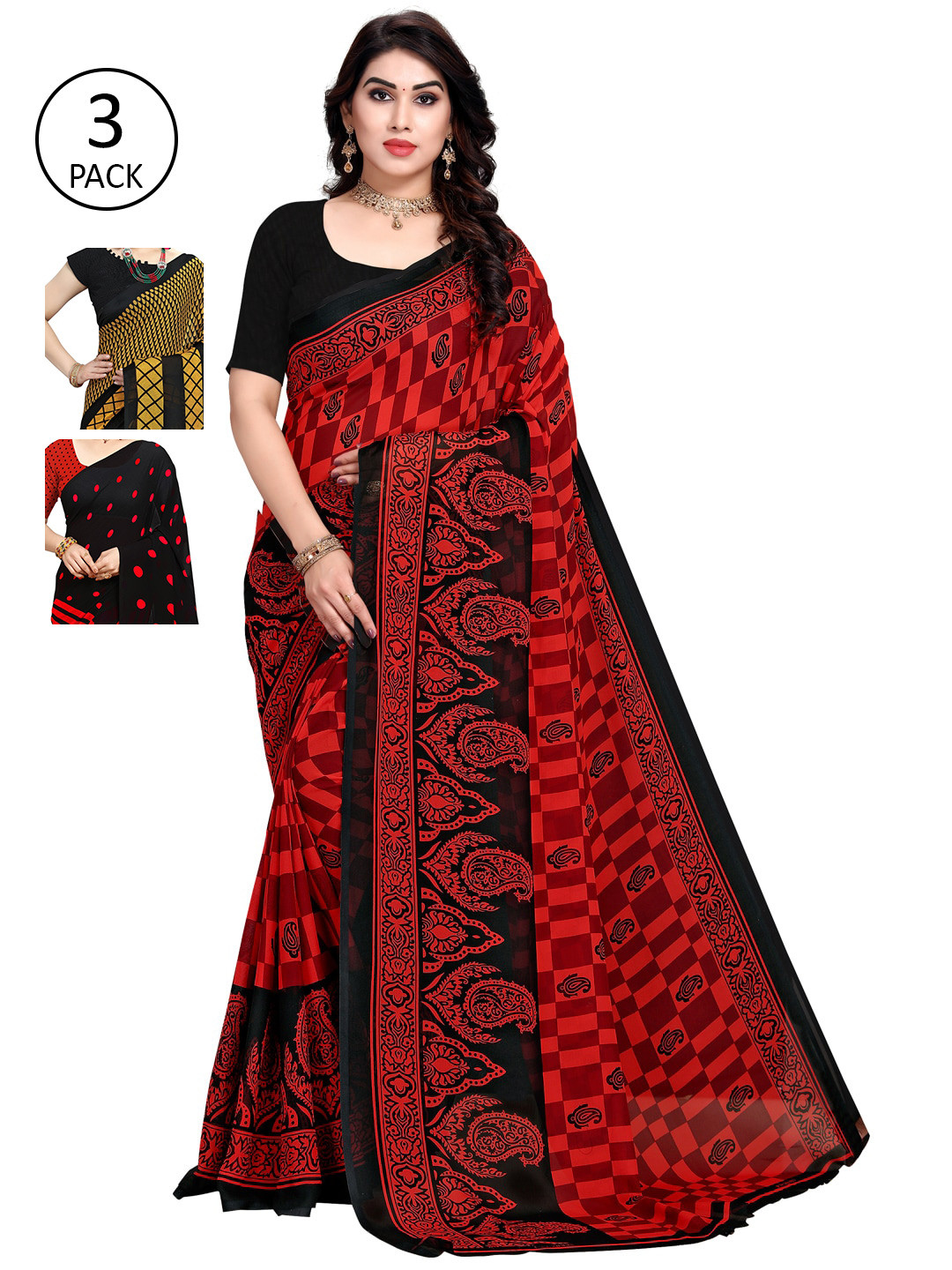 

KALINI Pack of 3 Printed Saree, Red