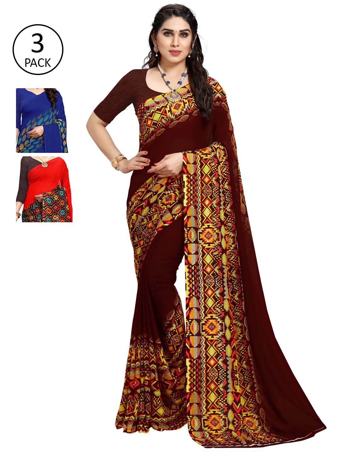 

KALINI Pack of 3 Poly Georgette Sarees, Red