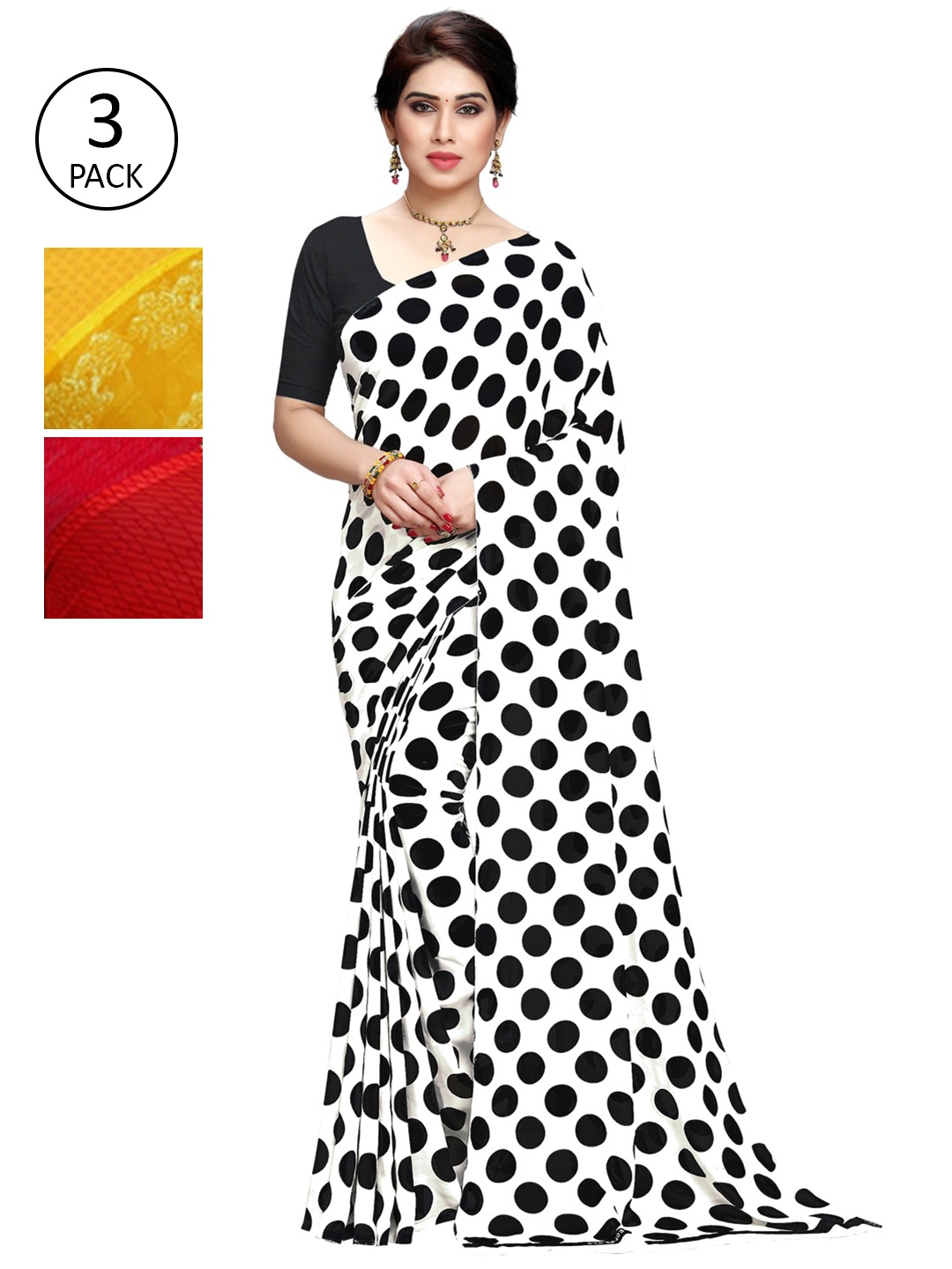 

KALINI Set of 3 White, Mustard & Red Printed Sarees