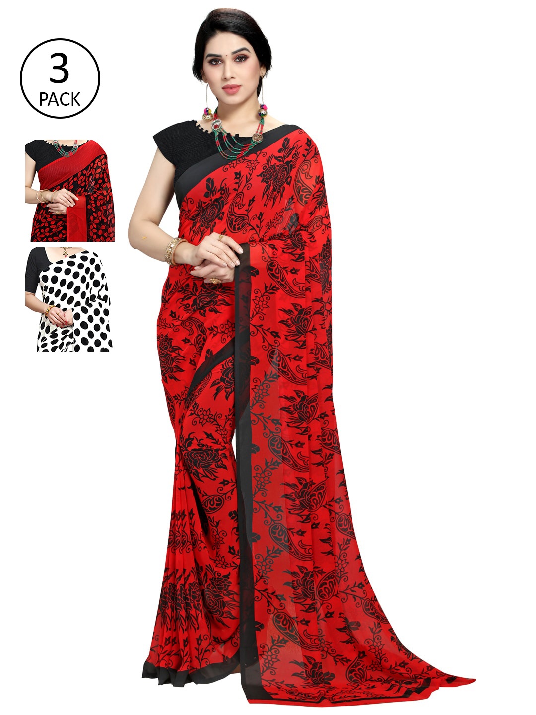 

KALINI Red & Black Pack of 3 Printed Sarees