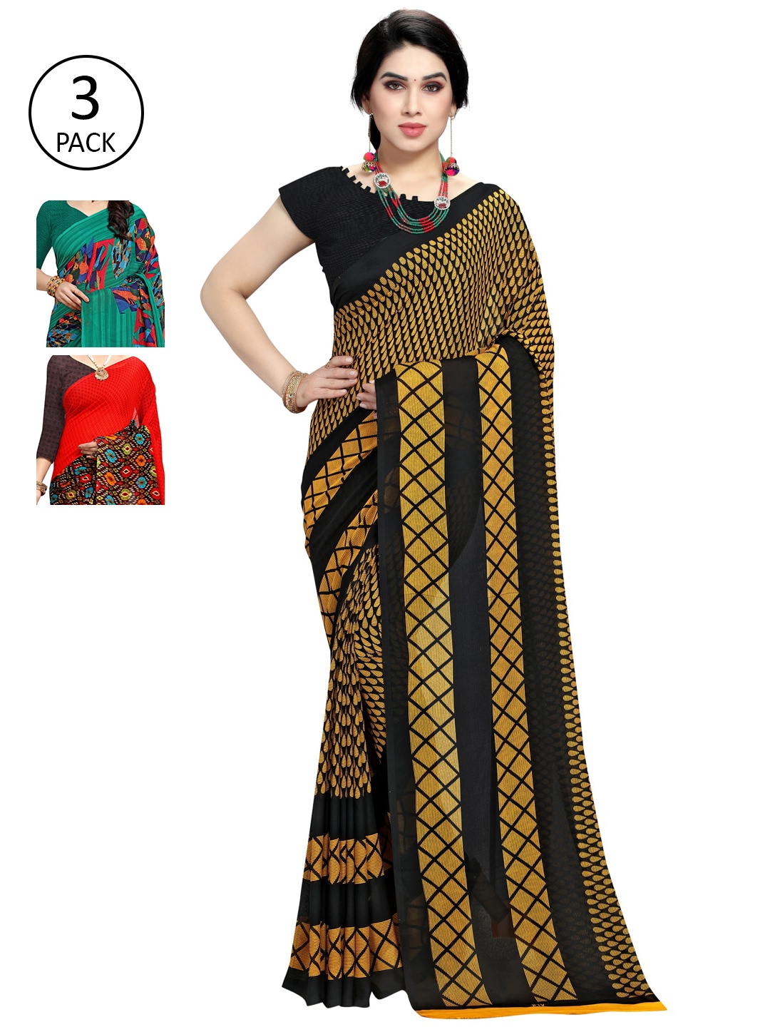 

KALINI Pack of 3 Poly Georgette Sarees, Red