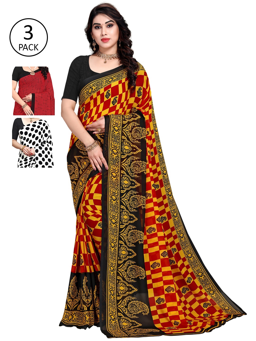 

KALINI Women Pack of 3 Multicolor Poly Georgette Printed Saree, Yellow