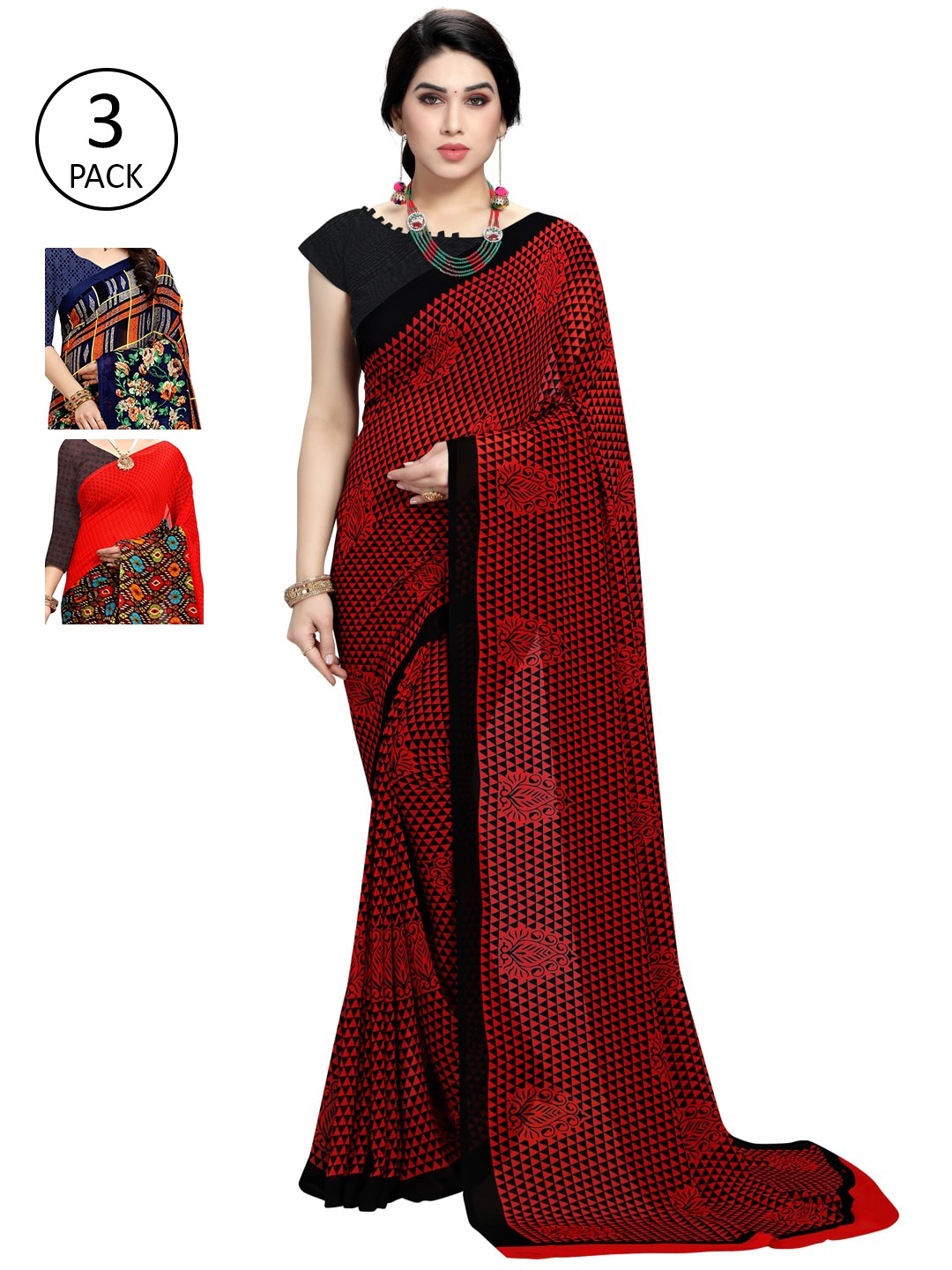 

KALINI Pack Of 3 Red & Black Saree