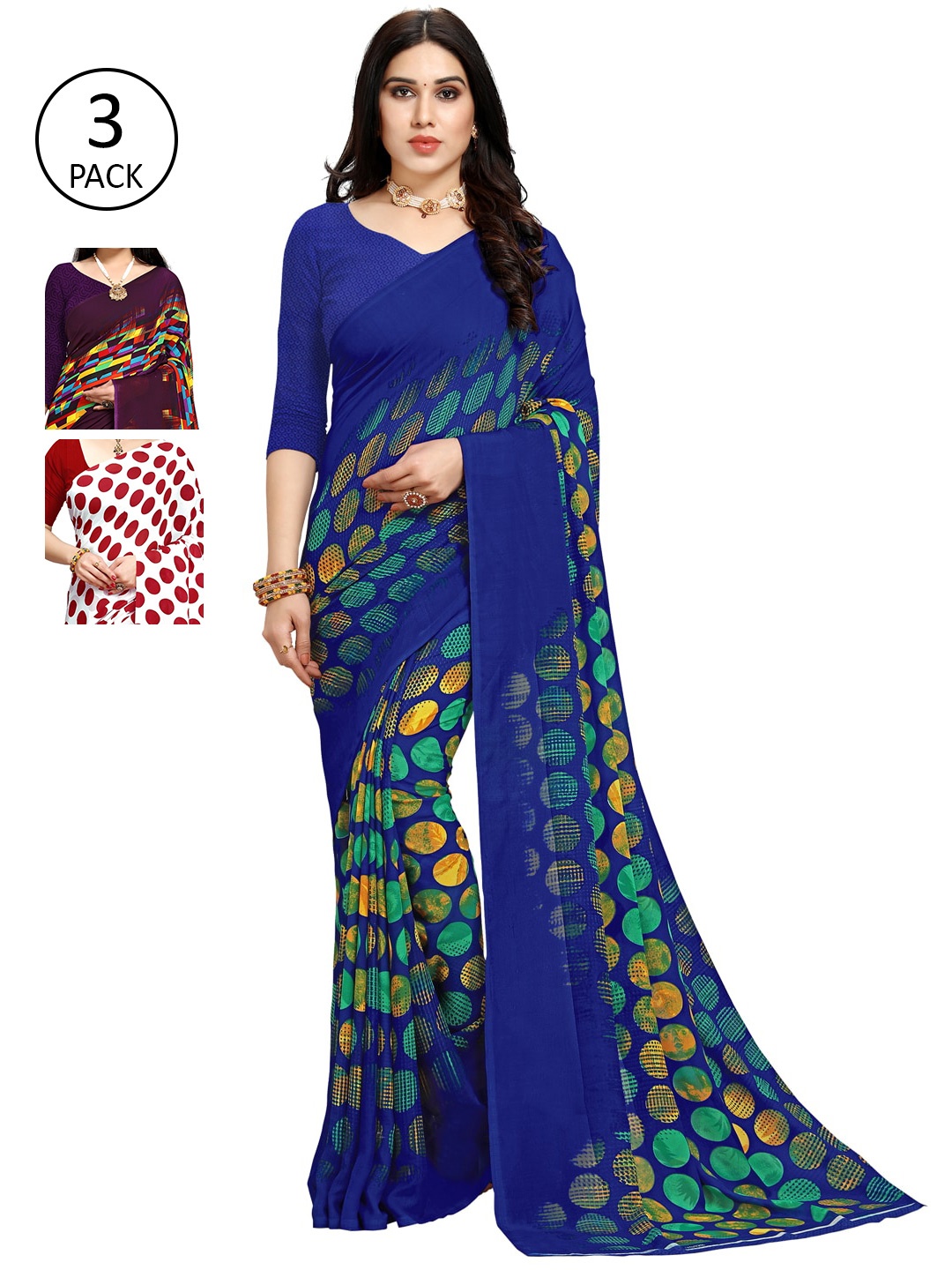 

KALINI Pack Of 3 Sarees, Blue