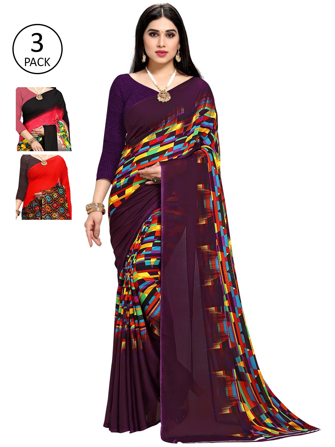 

KALINI Red & Brown Pack of 3 Printed Sarees